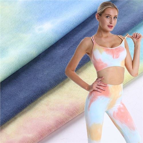 Dostosowany miękki 92 procent poliestru 8 procent elastanu Tie-dye Dwustronnie szczotkowana kolorowa tkanina dżersejowa na odzież T-shirty Bluzy Sukienki